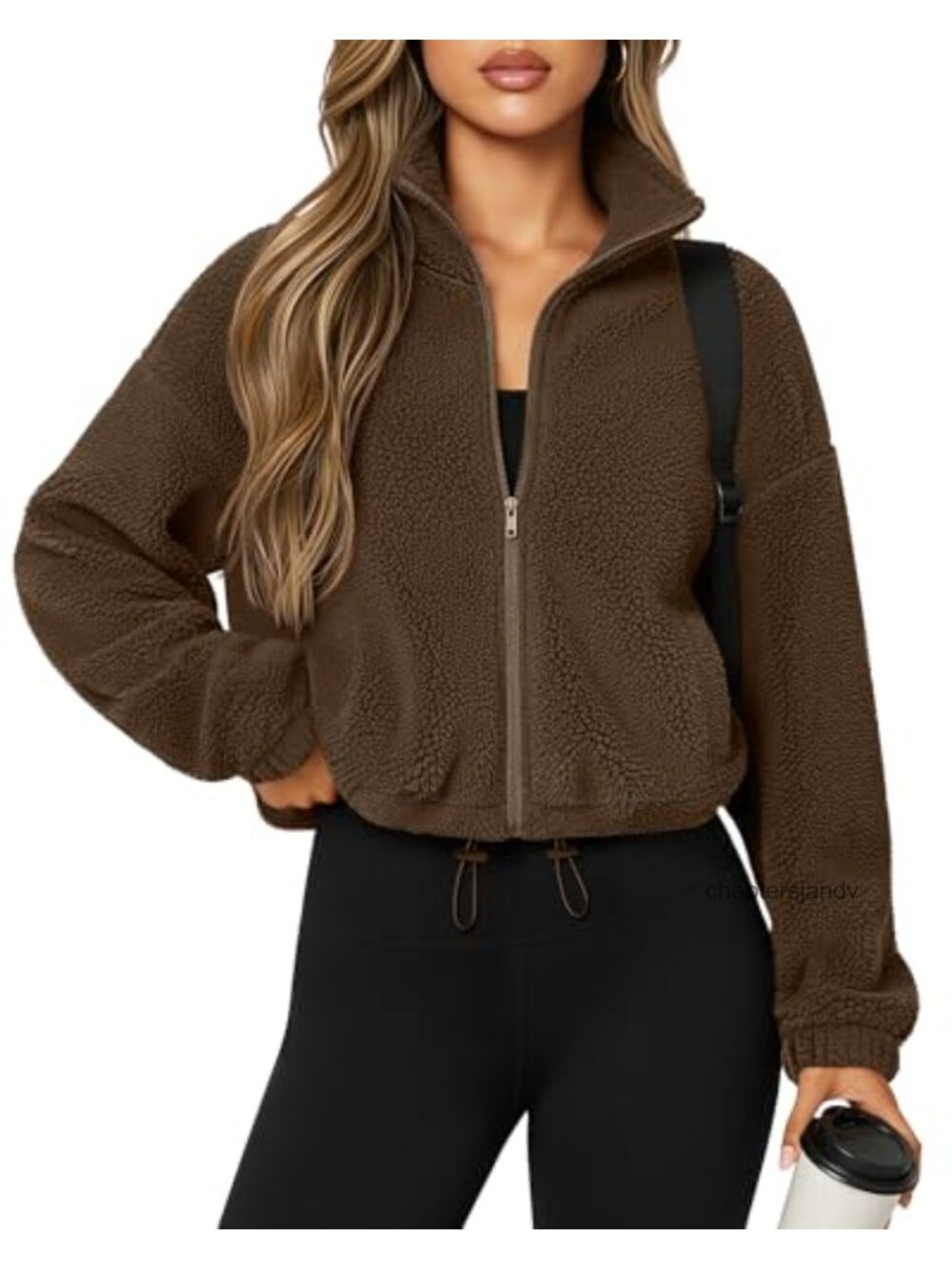 Women's Cropped Fleece Jacket Sherpa Zip Up Stand Collar Warm Winter Coat